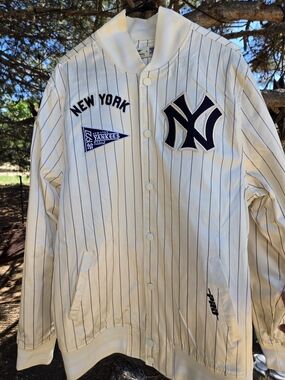 New York Yankees White Pinstripe Jacket with Navy Logo Mens or Women’s